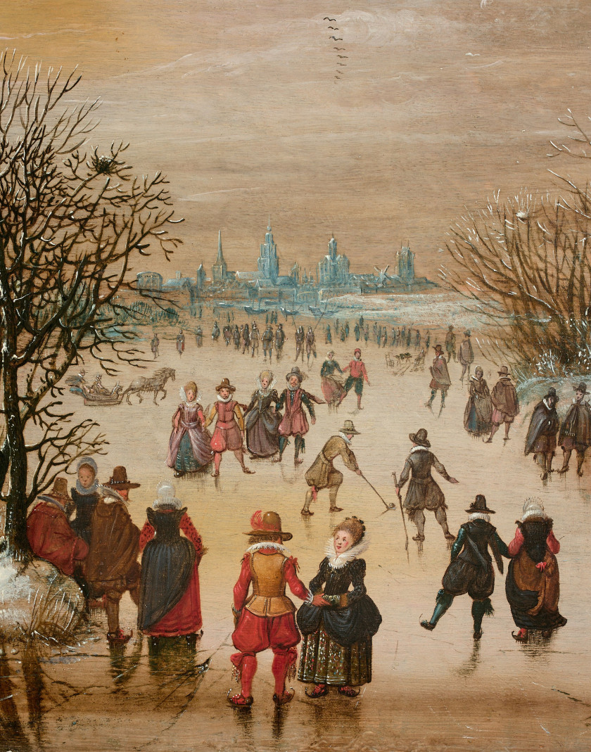 Adam van BREEN Amsterdam, vers 1590 - Norvège, vers 1650 Paysage d'hiver avec patineurs et chasseurs, une ville dans le lointain Hui..