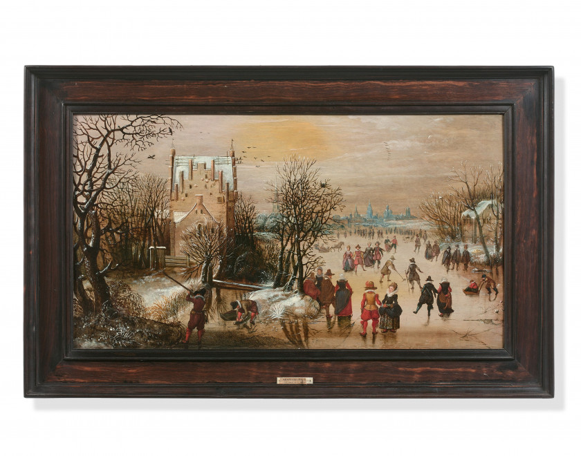 Adam van BREEN Amsterdam, vers 1590 - Norvège, vers 1650 Paysage d'hiver avec patineurs et chasseurs, une ville dans le lointain Hui..