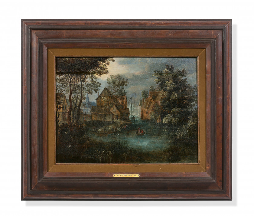 Ecole flamande du XVIIe siècle Entourage de Jan Brueghel le Jeune Vue d'un village près d'un fleuve Huile sur panneau de chêne