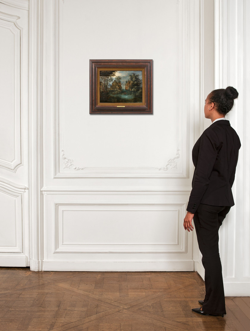 Ecole flamande du XVIIe siècle Entourage de Jan Brueghel le Jeune Vue d'un village près d'un fleuve Huile sur panneau de chêne