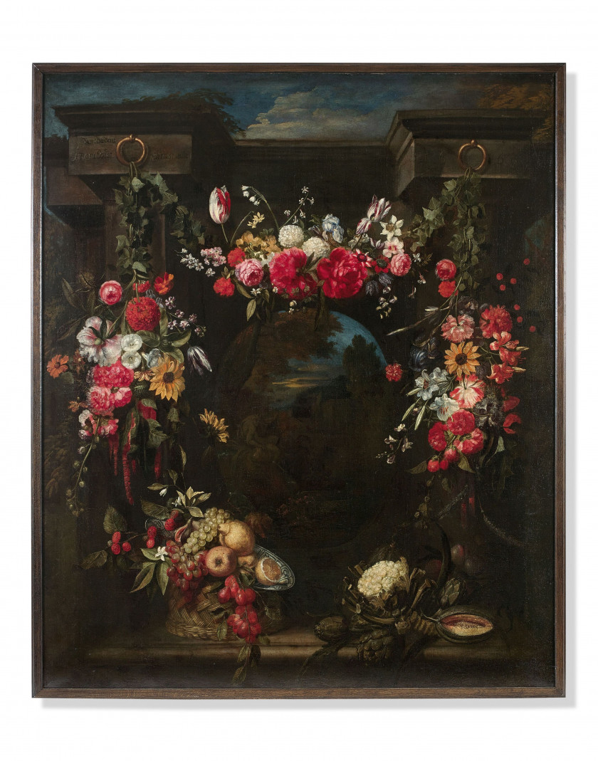 Frans YKENS Anvers, 1601 - Bruxelles, 1693 Guirlande de fleurs, fruits et légumes entourant un paysage avec un dieu fleuve Huile sur...