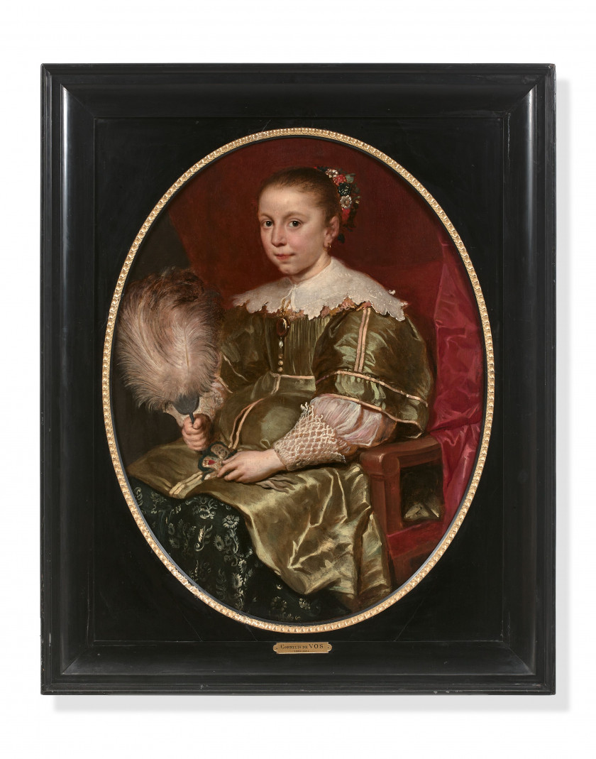 Cornelis de VOS Hulst, vers 1584 - Anvers, 1651 Portrait de jeune fille à l'éventail Huile sur toile, probablement un panneau transp..