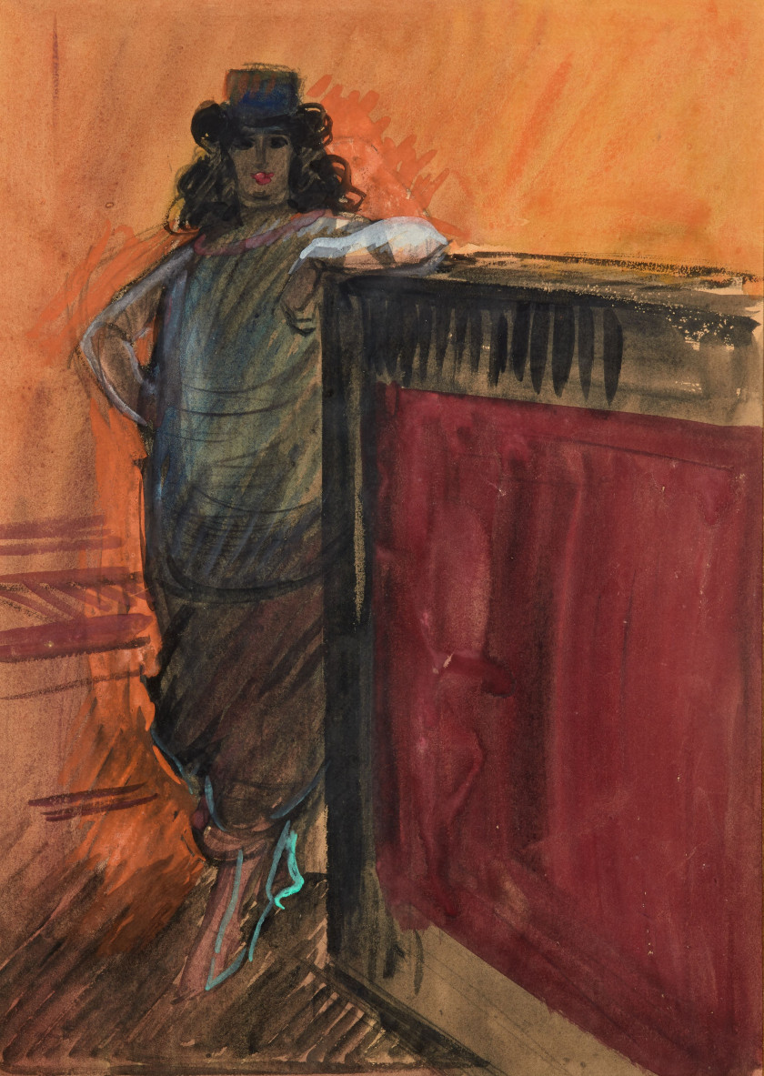 École de début du XXe siècle  Femme au comptoir Aquarelle sur papier