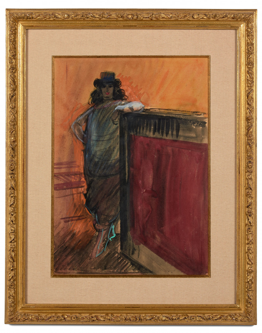 École de début du XXe siècle  Femme au comptoir Aquarelle sur papier