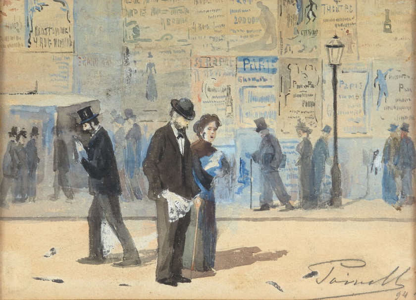 Ecole de la fin XIXe siècle  Passants devant le mur d'affiches - 1894 Aquarelle sur papier