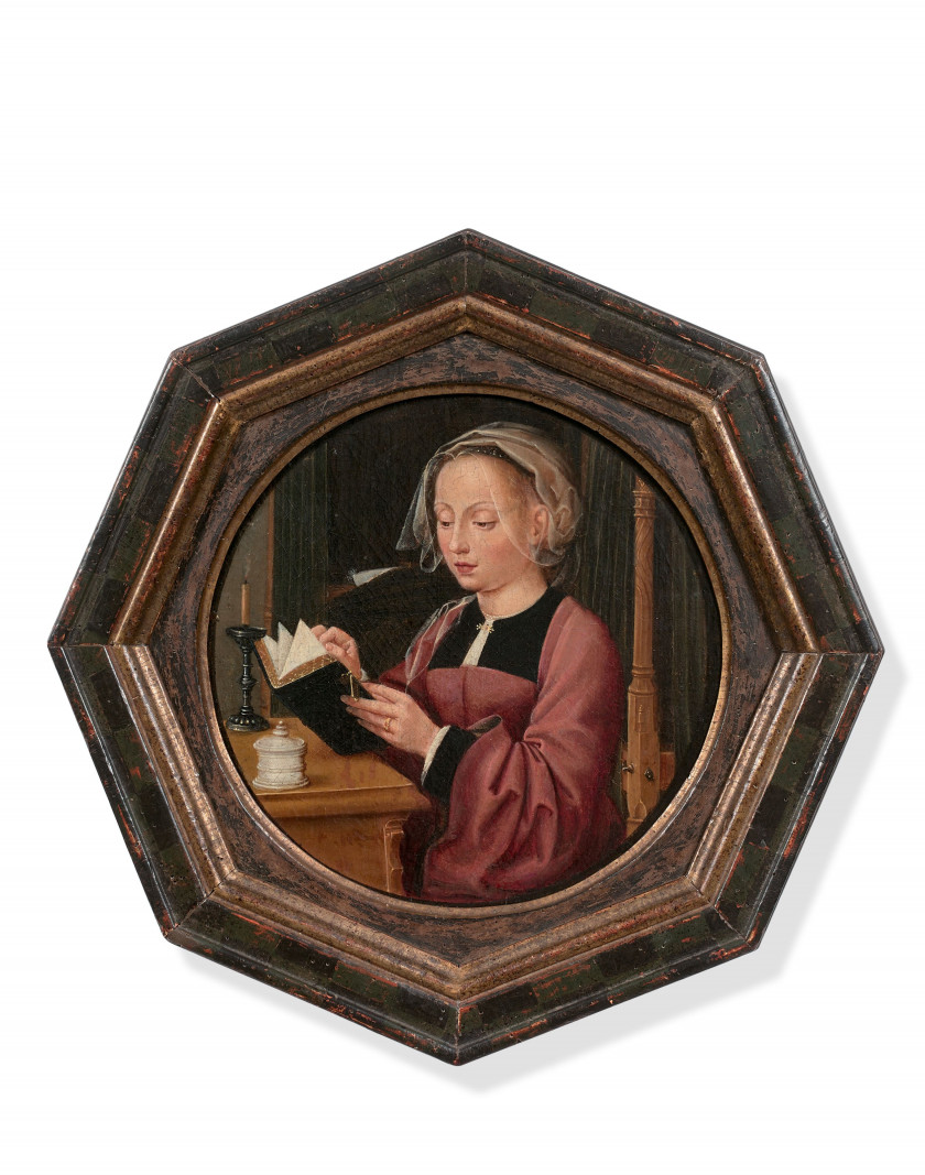 Dans le goût de l'Ecole flamande du XVIe siècle   La Madeleine lisant Huile sur panneau transposé sur toile, de forme ronde