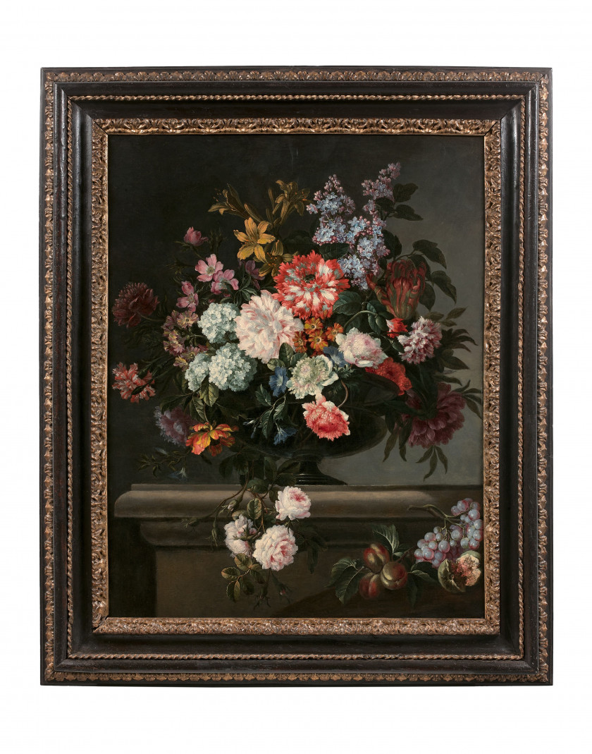 Jean-Baptiste MONNOYER Lille, 1636 - Londres, 1699 Vase de fleurs et fruits sur un entablement Huile sur toile