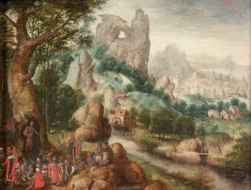 Pays-Bas, XVIe siècle Entourage de Herri met de Bles La prédication de saint Jean-Baptiste et le baptême du Christ dans un paysage H...