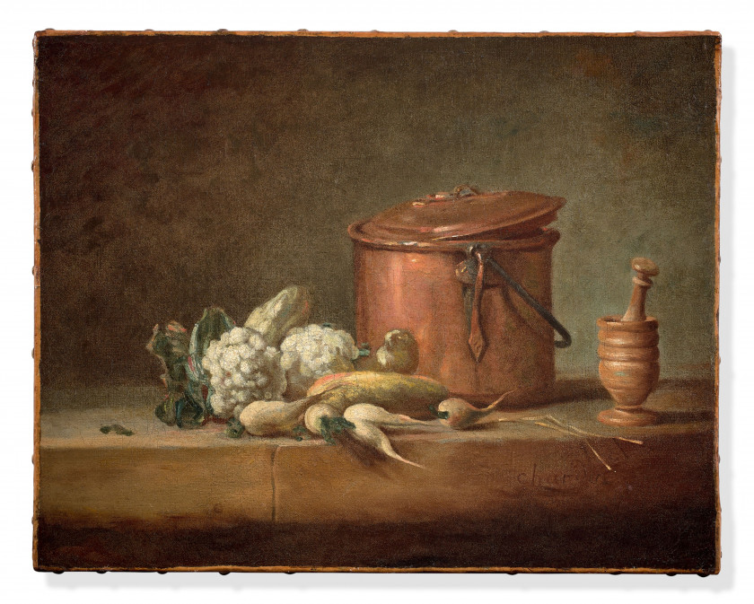 Jean-Siméon CHARDIN Paris, 1699 - 1779 Marmite de cuivre, choux-fleurs et égrugeoir avec son pilon sur un entablement Huile sur toil...