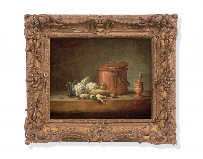 Jean-Siméon CHARDIN Paris, 1699 - 1779 Marmite de cuivre, choux-fleurs et égrugeoir avec son pilon sur un entablement Huile sur toil...
