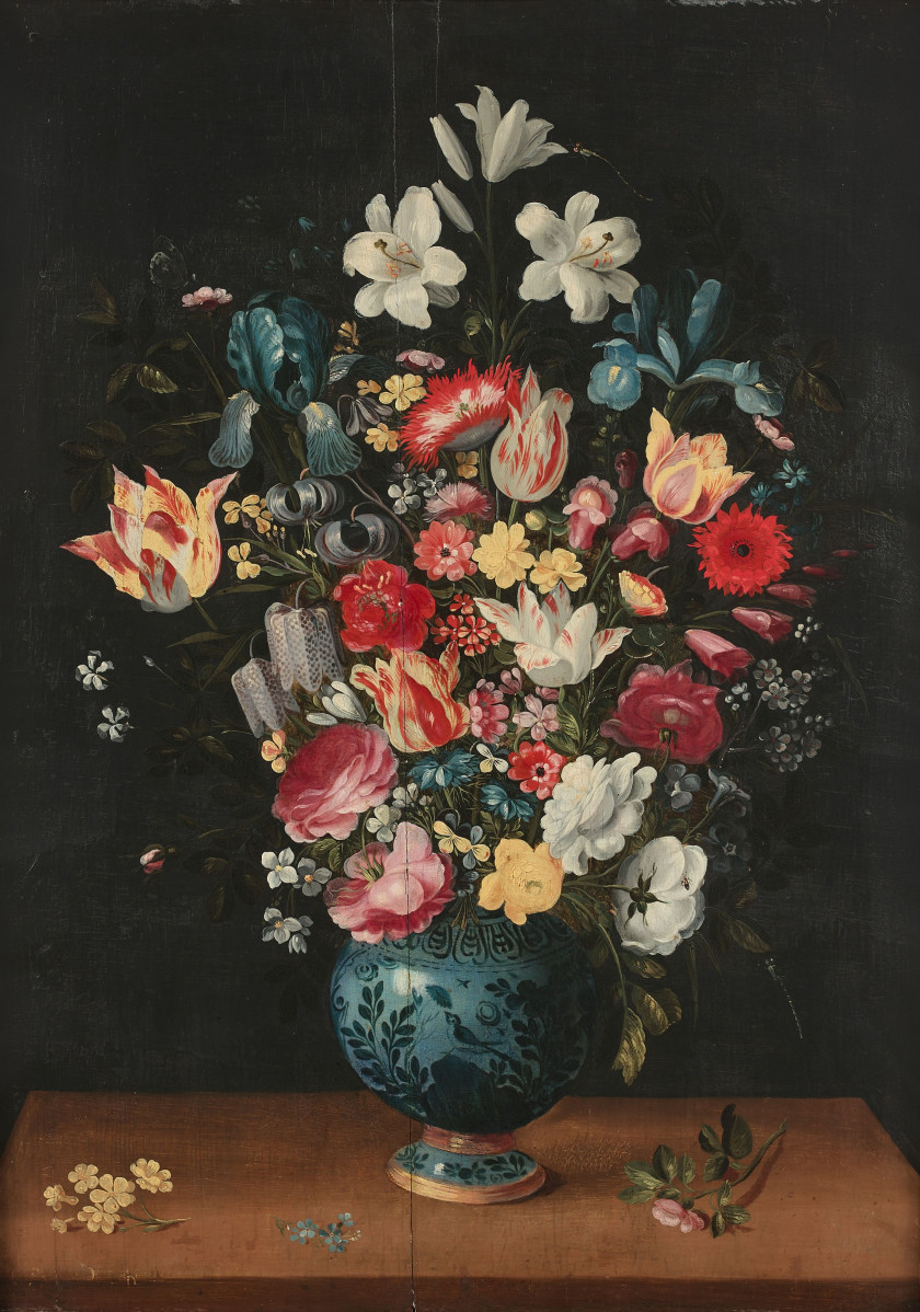 Attribué à Andries DANIELS Anvers (?), vers 1580 - après 1602 Bouquet de fleurs dans un vase de Delft sur un entablement Huile sur p...