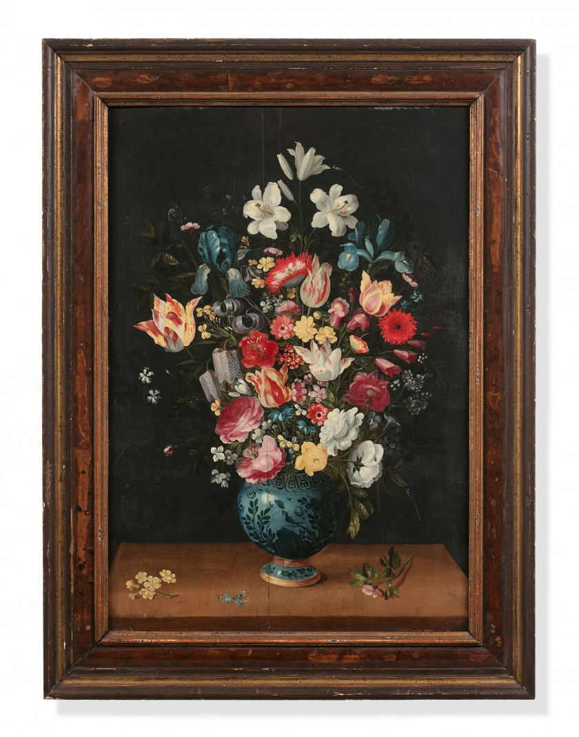 Attribué à Andries DANIELS Anvers (?), vers 1580 - après 1602 Bouquet de fleurs dans un vase de Delft sur un entablement Huile sur p...