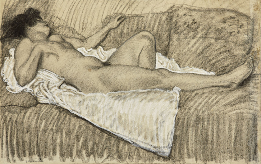 Théophile Alexandre STEINLEN 1859-1923 Nu au drap blanc Fusain et gouache blanche sur papier