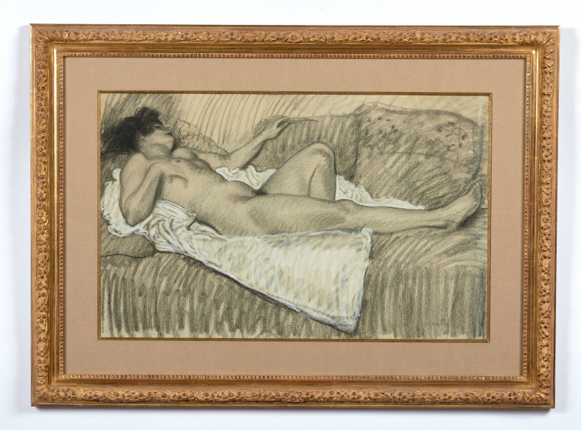 Théophile Alexandre STEINLEN 1859-1923 Nu au drap blanc Fusain et gouache blanche sur papier