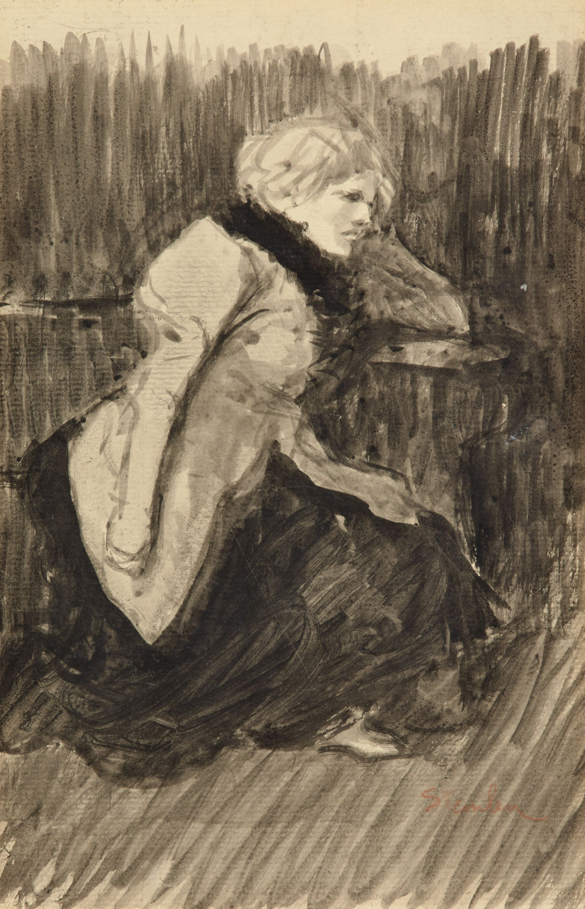 Ecole française fin XIXe siècle  Femme pensive Lavis d'encre sur papier