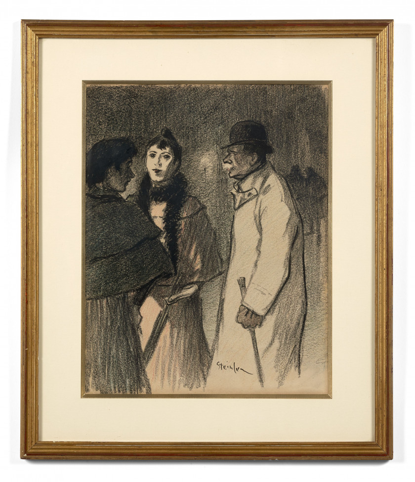 Théophile Alexandre STEINLEN 1859-1923 Conversation dans la rue le soir Conversation dans la rue le soir Fusain, encre et pastel sur...