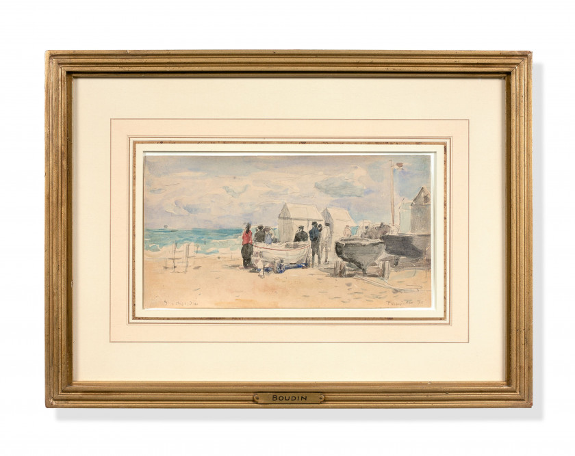 Eugène BOUDIN Honfleur, 1824 - Paris, 1898 Les canots sur la plage à Trouville Aquarelle