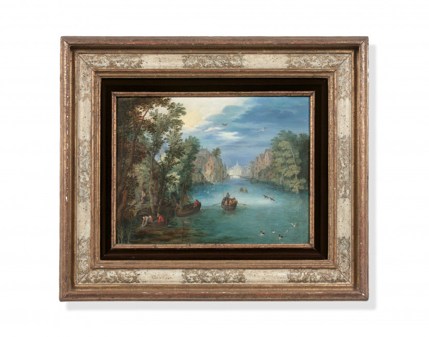 Jan BRUEGHEL le Jeune Anvers, 1601 - 1678 Paysage fluvial animé de personnages Huile sur cuivre
