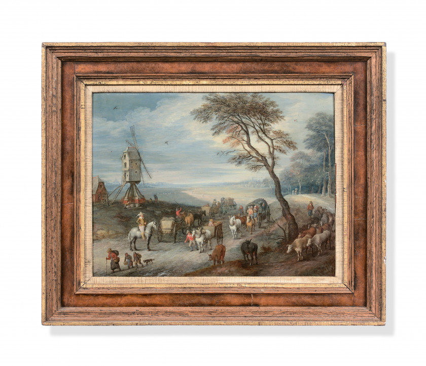 Josef van BREDAEL Anvers, 1688 - Paris, 1739 Le départ pour le marché, près d'un moulin Huile sur cuivre