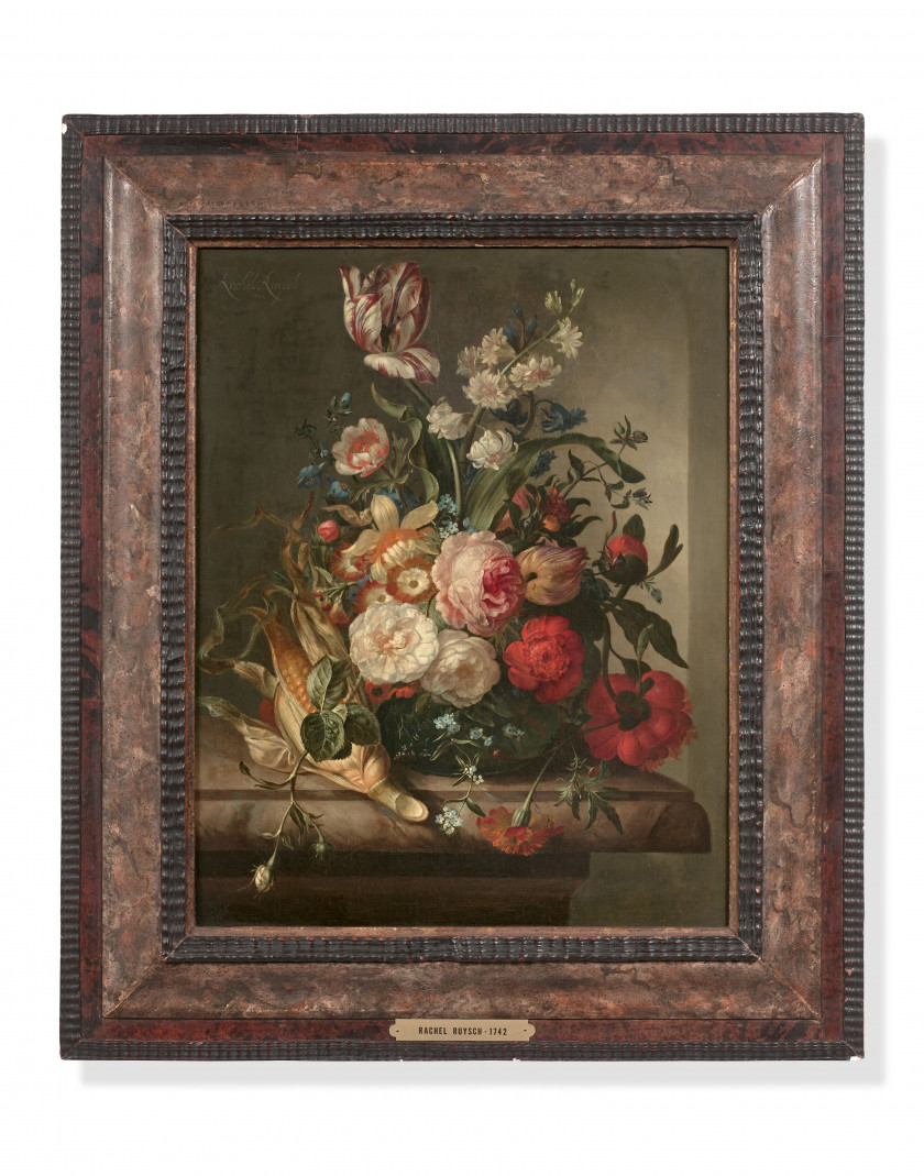 Rachel RUYSCH La Haye, 1664 - Amsterdam, 1750 Vase de fleurs et épis de maïs dans une niche Huile sur toile