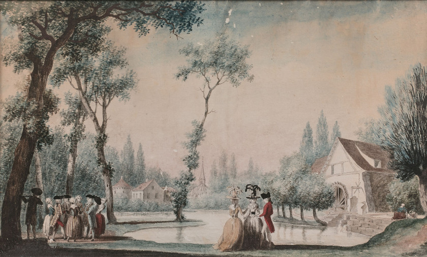 Louis CARROGIS, dit CARMONTELLE Paris, 1717 - 1806 Quatre fragments de transparent : scènes dans des parcs avec fabriques Aquarelle,...