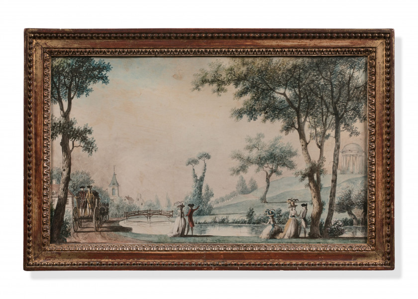 Louis CARROGIS, dit CARMONTELLE Paris, 1717 - 1806 Quatre fragments de transparent : scènes dans des parcs avec fabriques Aquarelle,...