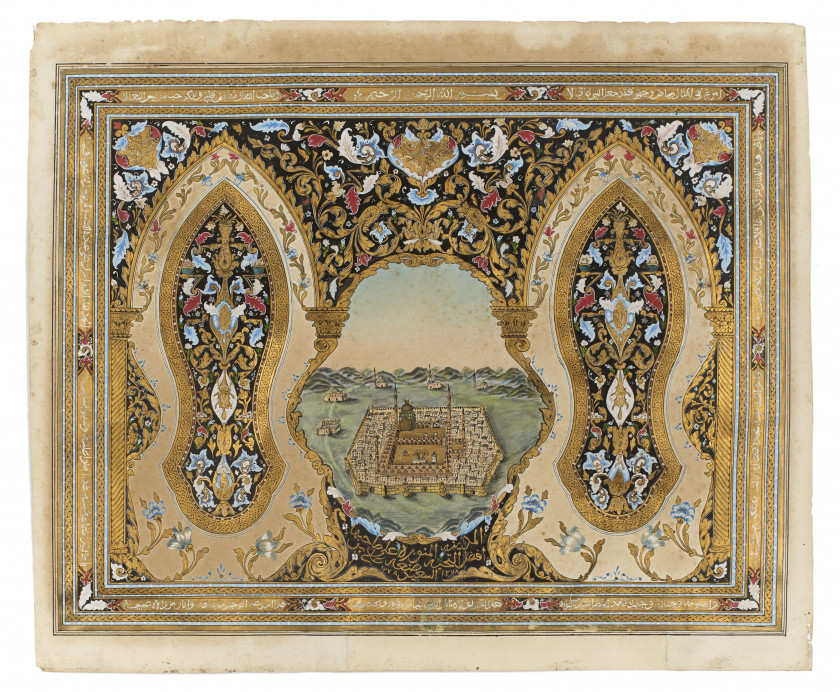 GRANDE VUE DE LA MOSQUÉE DU PROPHÈTE À MÉDINE (HILYEH)  Signée 'Ali bin al-Sa'id, probablement Égypte ou Turquie, daté 1278 H/1861-2