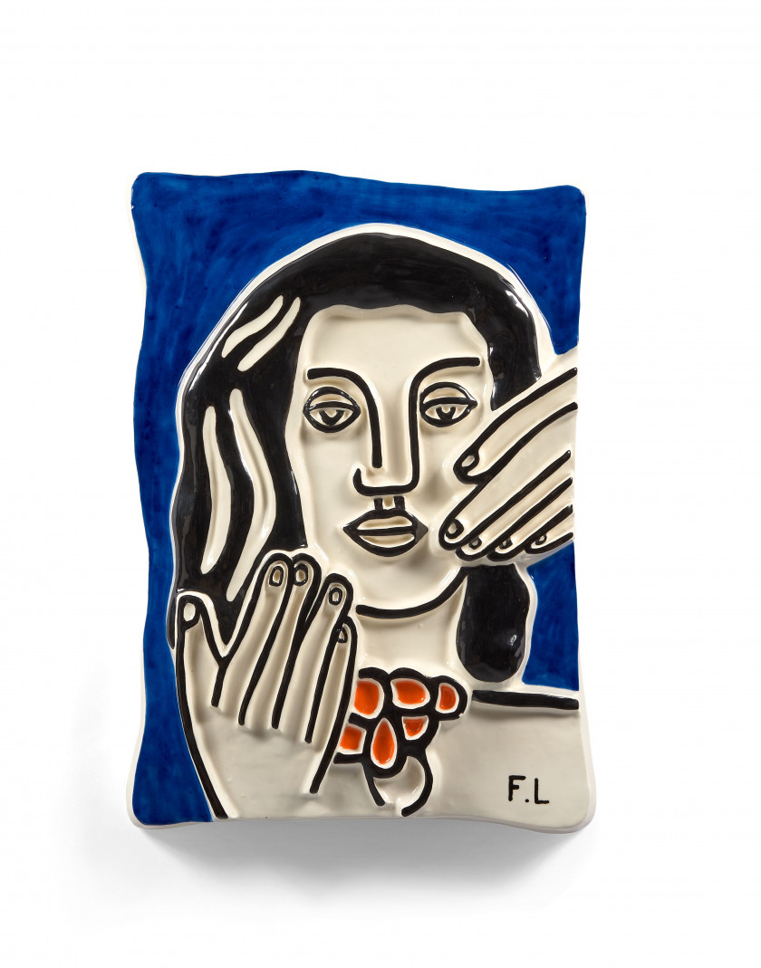 Fernand LEGER (d'après)  Visage aux deux mains (fond bleu) - circa 1950 Céramique à décor polychrome émaille