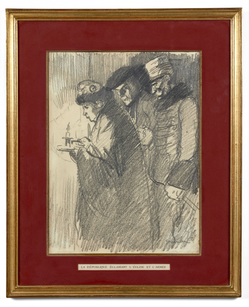 Théophile Alexandre STEINLEN 1859-1923 La République éclairant l'Eglise et l'armée Crayon graphite sur papier