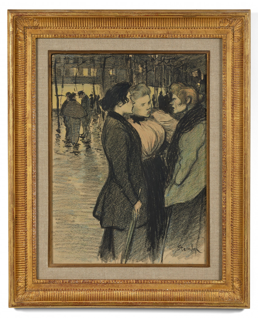 Théophile Alexandre STEINLEN 1859-1923 Femmes conversant dans la rue Encre et crayon de couleur sur papier