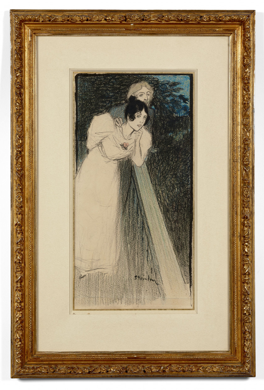 Théophile Alexandre STEINLEN 1859-1923 Deux femmes en robe Encre, crayon graphite, crayon de couleur et pierre noire sur papier