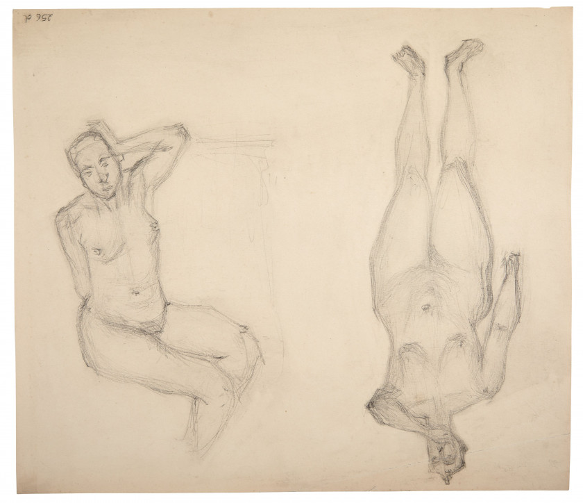 Germaine RICHIER 1902- 1959 Sans titre (Deux études de nus, nu debout de face, nu assis tourné vers la droite) Crayon sur papier