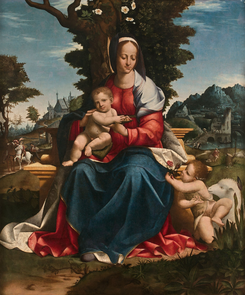 Girolamo ALIBRANDI Messine, 1470 – 1524 La Vierge à l'Enfant avec saint Jean-Baptiste dans un paysage Huile sur panneau parqueté