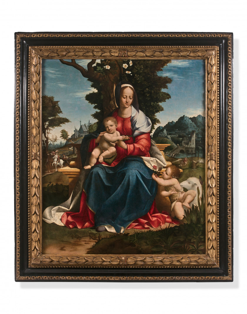 Girolamo ALIBRANDI Messine, 1470 – 1524 La Vierge à l'Enfant avec saint Jean-Baptiste dans un paysage Huile sur panneau parqueté