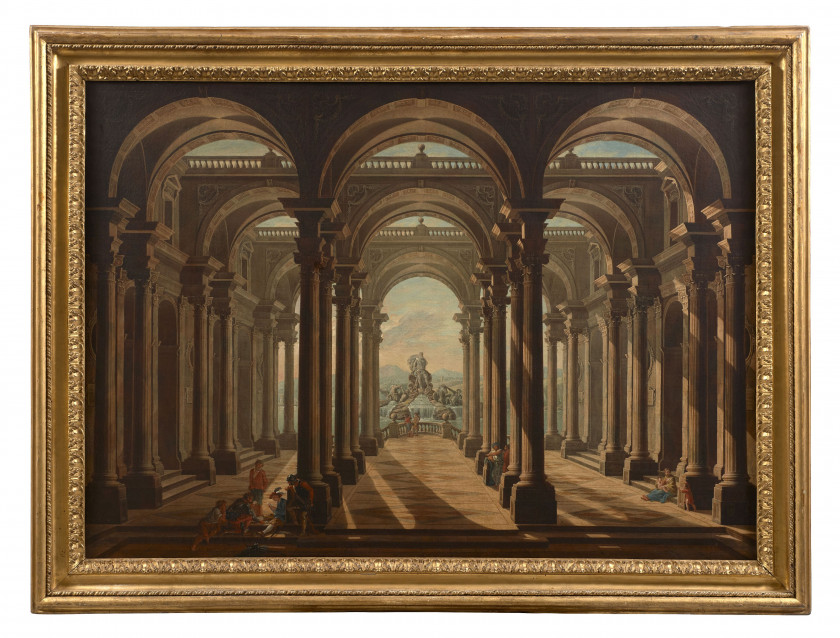 École romaine du XVIIIème siècle Suiveur de Niccolo Codazzi Partie de cartes dans une architecture classique ouvrant sur la fontaine...