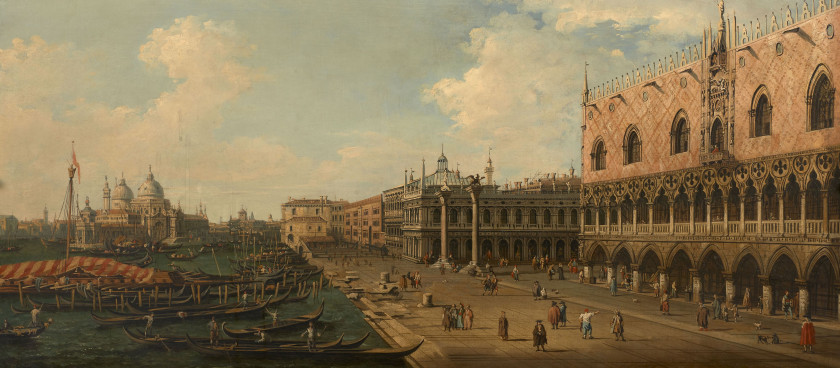 École anglaise du XIXe siècle Suiveur de Giovanni Antonio Canal, dit Canaletto Vue du Grand Canal avec la piazetta et le Palais des...