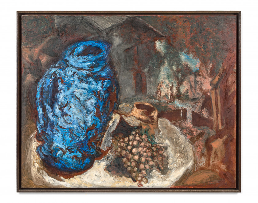 Gérard GAROUSTE (Né en 1946) Nature morte au vase bleu - 1984 Huile sur toile