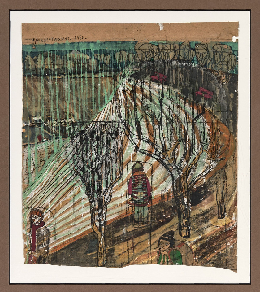 Friedensreich HUNDERTWASSER (1928 - 2000) Gepflügter acker am rundhang im regen (Champ labouré sur la pente arrondie sous la pluie)...