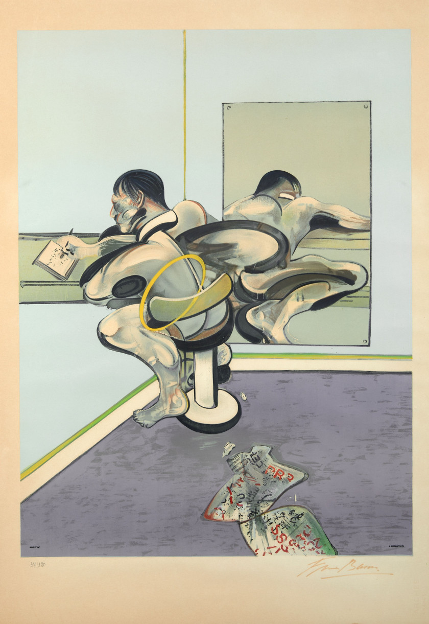 Francis BACON (1909-1992) Homme écrivant reflété dans un miroir - 1977 Lithographie en couleurs, exécutée par Deschamps