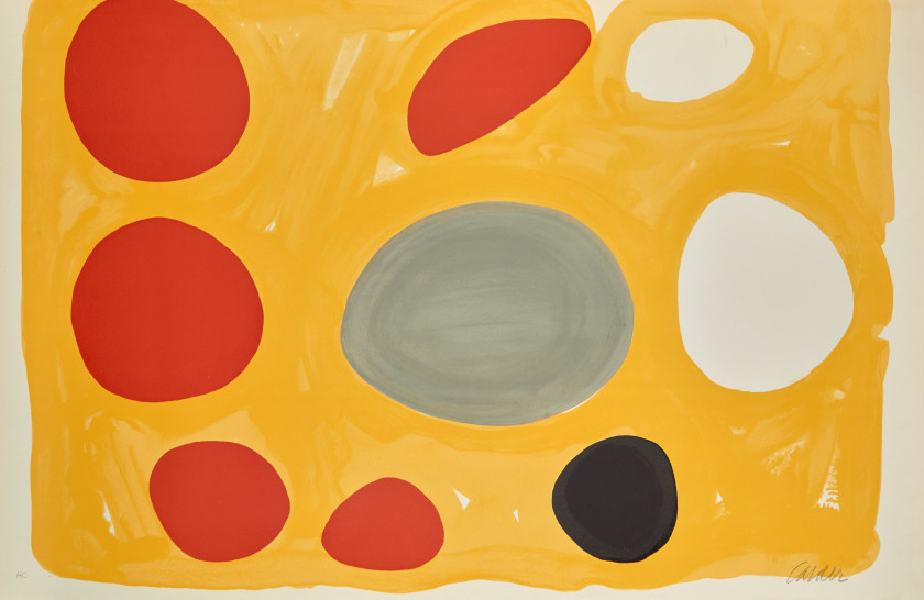 Alexander CALDER 1898 - 1976 Grande composition fond jaune - 1974 Lithographie en couleurs