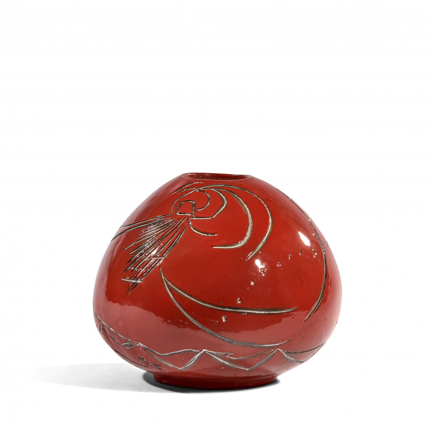 Jean MIOTTE 1926 - 2016 Grand vase Boule M - 1999 Céramique au décor incisé et recouvert d'une glaçure bicolore rouge et blanche