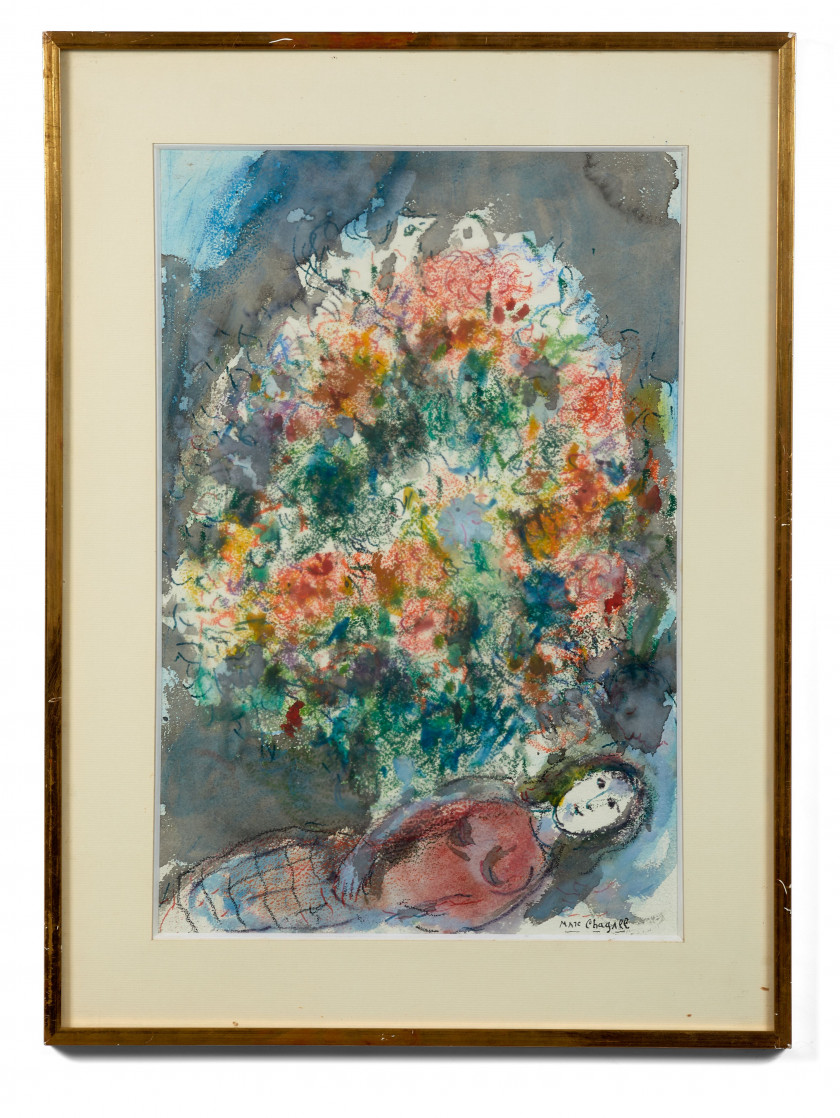 Marc CHAGALL 1887-1985 Repos sous le bouquet de fleurs - 1969 Gouache et pastel sur papier