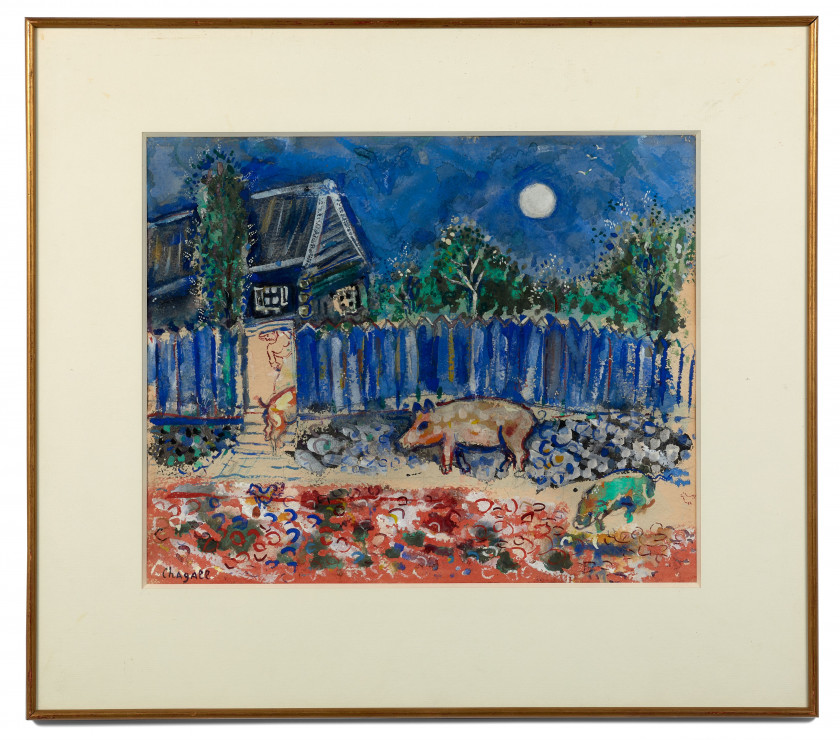 Marc CHAGALL 1887-1985 Coin de ferme - circa 1926 Gouache et crayon sur papier