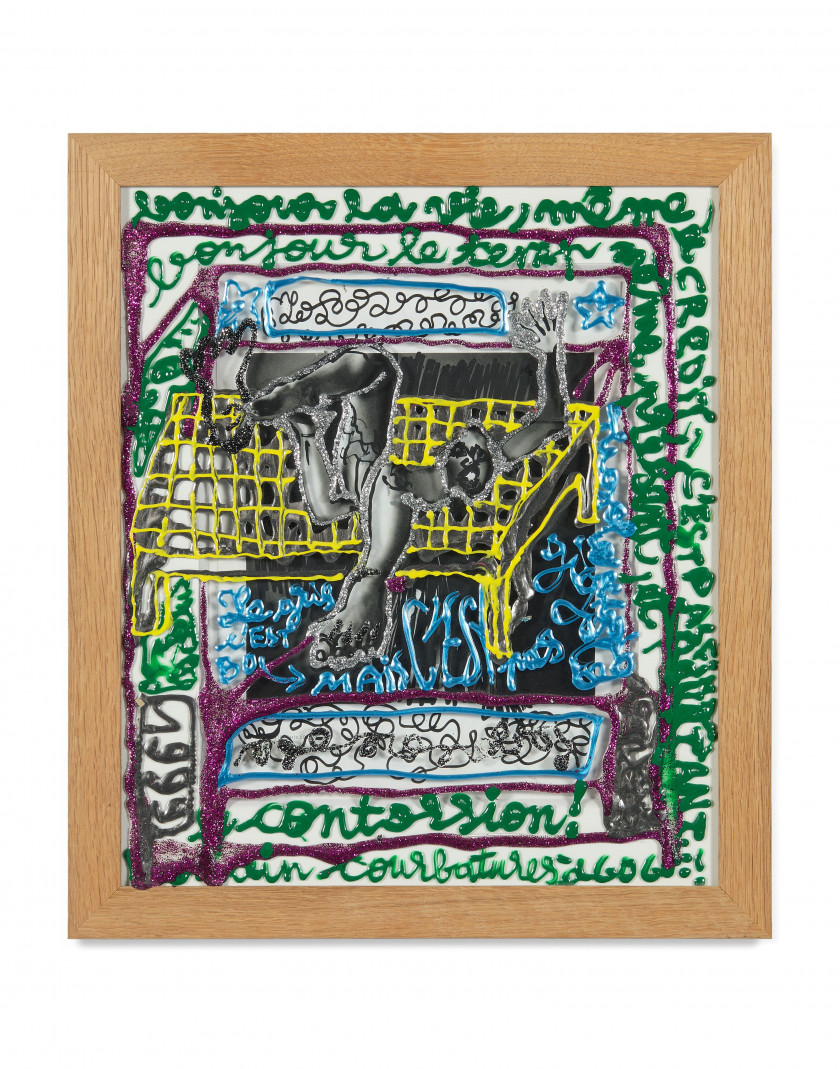 Robert COMBAS (Né en 1957) Bonjour la vie - 1999 Technique mixte sur impression et verre