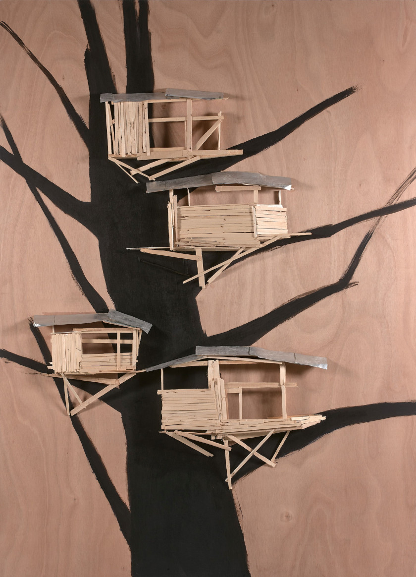 Tadashi KAWAMATA (Né en 1953) Tree hut plan - Group 8 - 2013 Bois, tôle et peinture sur panneau de bois