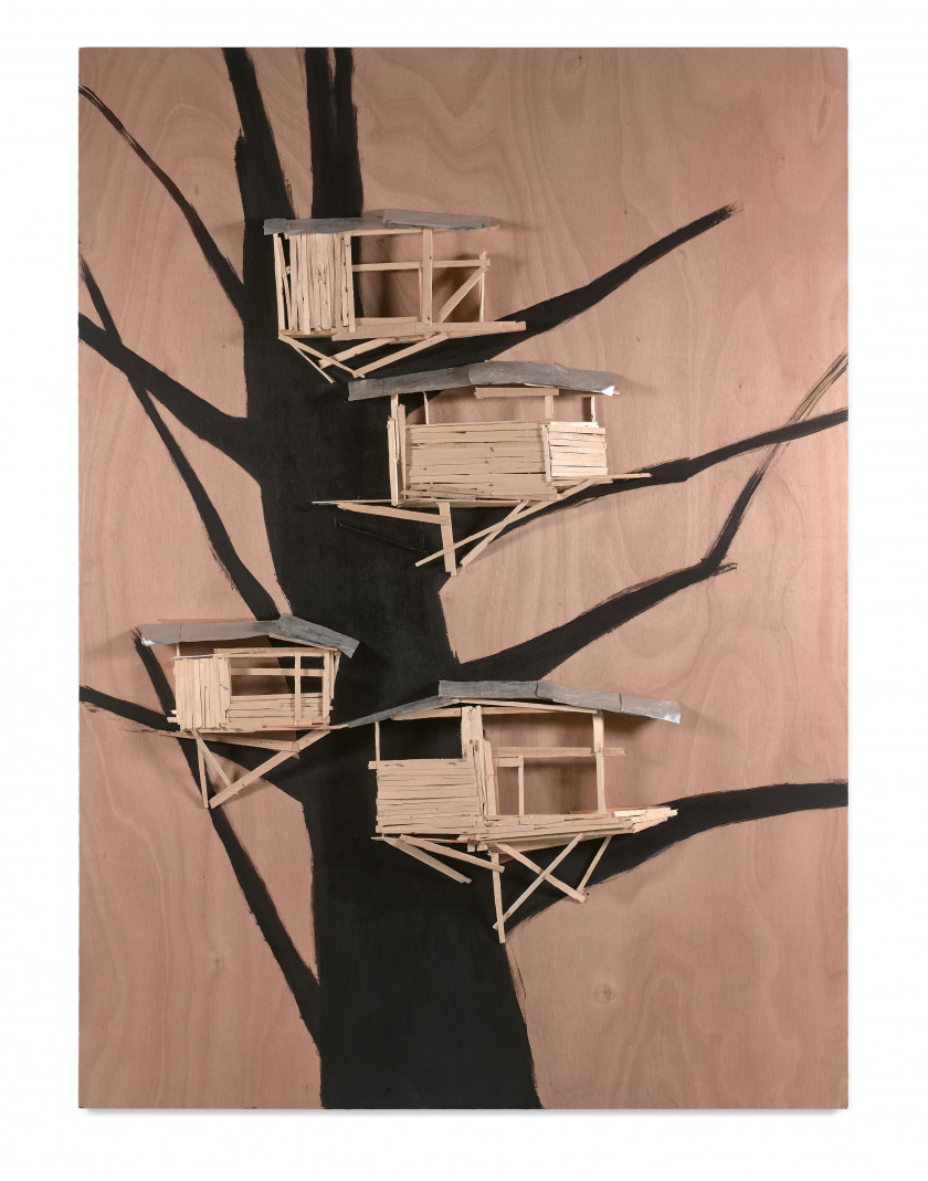 Tadashi KAWAMATA (Né en 1953) Tree hut plan - Group 8 - 2013 Bois, tôle et peinture sur panneau de bois