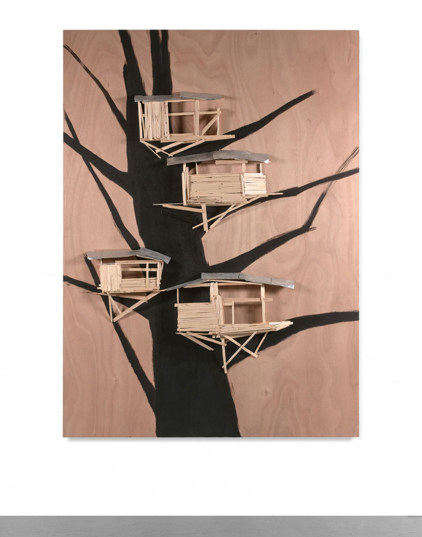 Tadashi KAWAMATA (Né en 1953) Tree hut plan - Group 8 - 2013 Bois, tôle et peinture sur panneau de bois