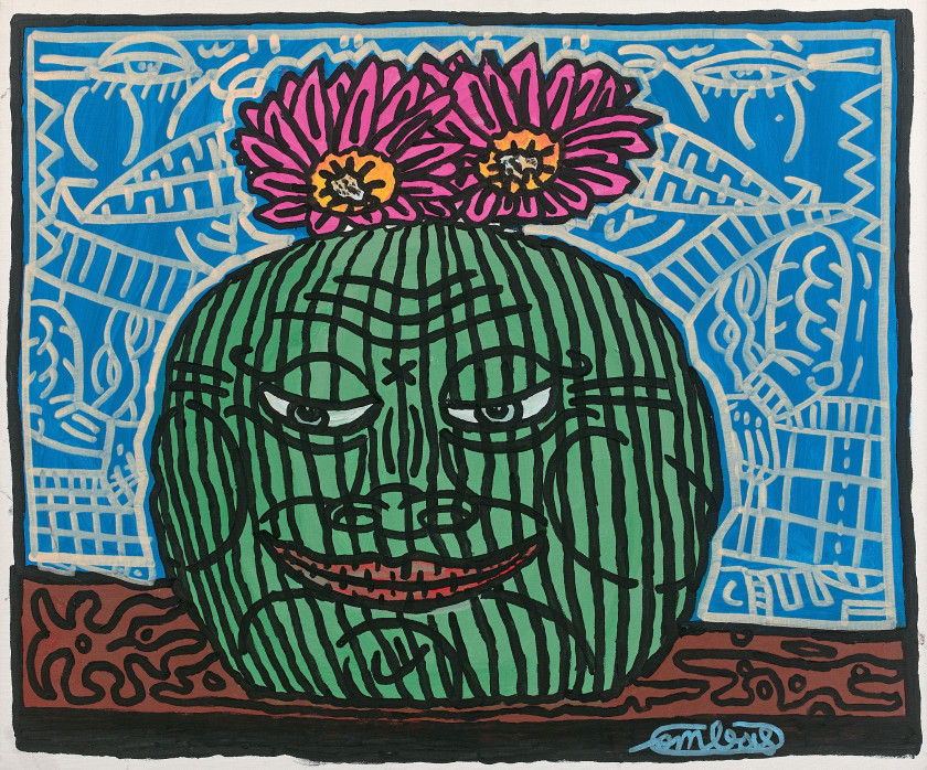 Robert COMBAS (Né en 1957) Tête verte aux fleurs - 1988 Acrylique sur toile