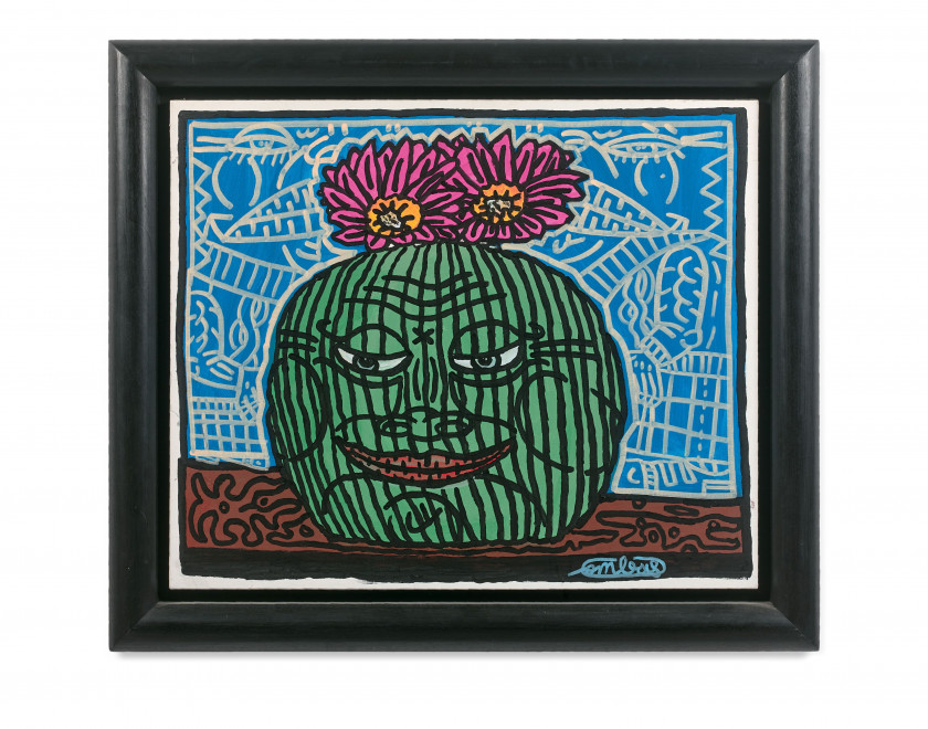 Robert COMBAS (Né en 1957) Tête verte aux fleurs - 1988 Acrylique sur toile