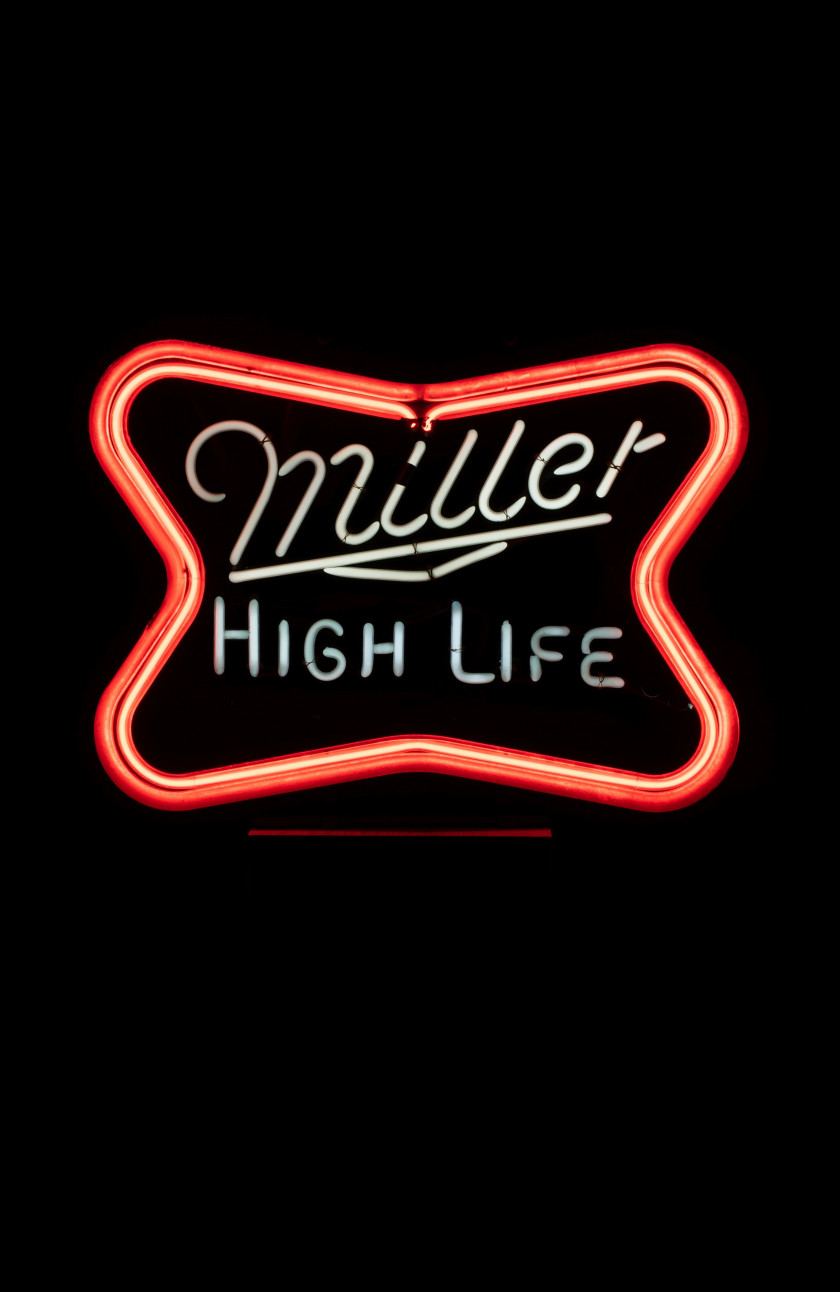 MILLER BEER  Néon publicitaire « High Life » - années 1970verre en cristal Verre en cristal soufflé, monté sur une structure en méta...